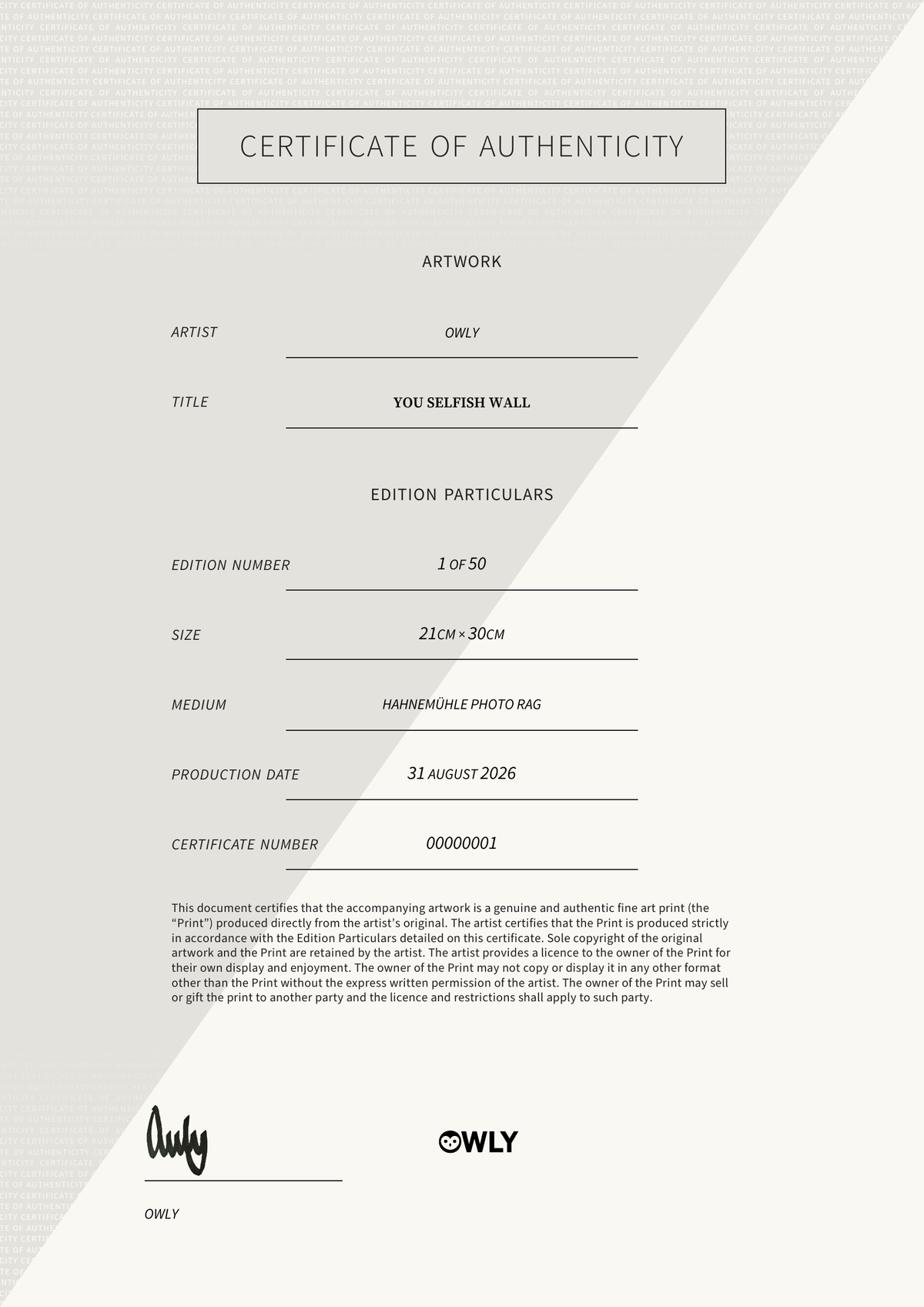 You Selfish Wall — Certificate of Authenticity