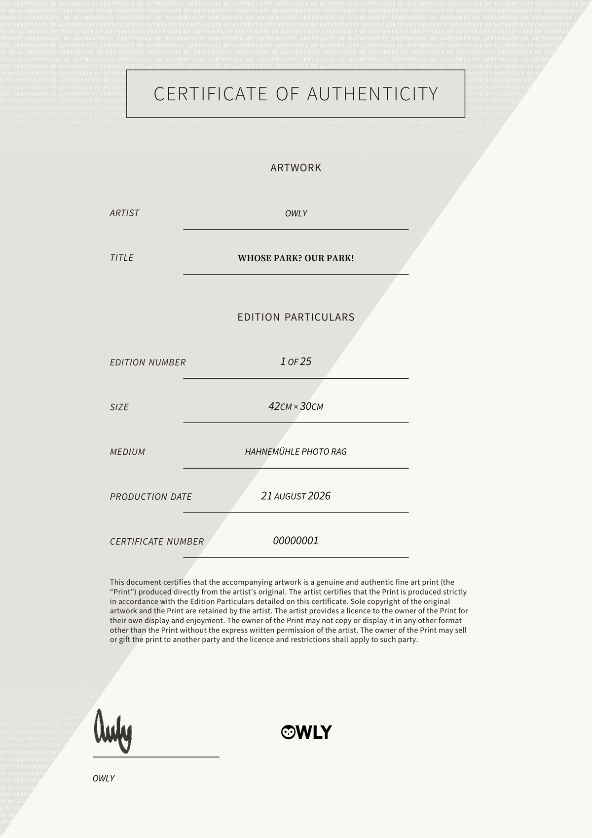 Whose Park? Our Park! — Certificate of Authenticity
