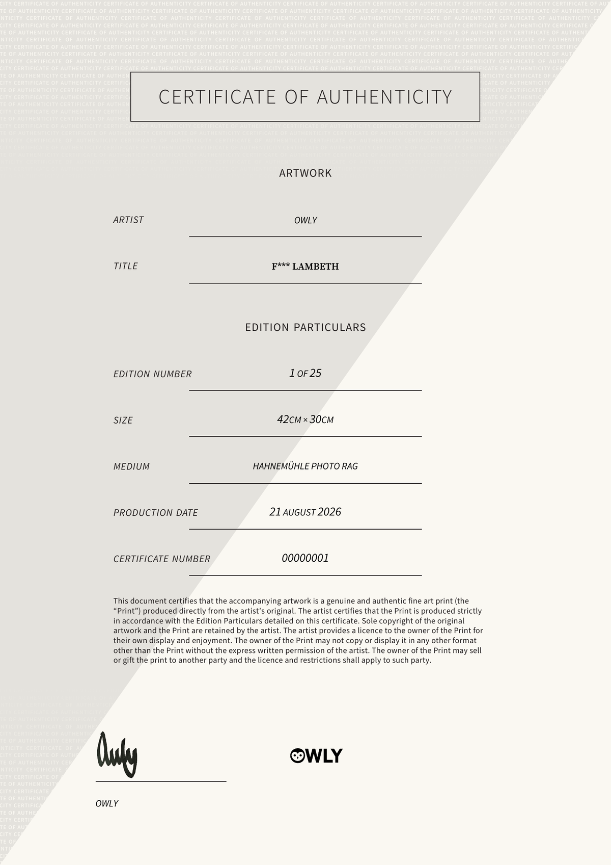 F*** Lambeth — Certificate of Authenticity